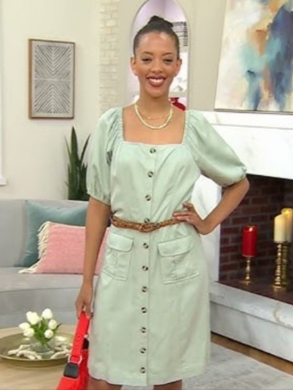 🆕️ AnyBody Sage Button-Front Puff Sleeve Dress with Patch Pockets